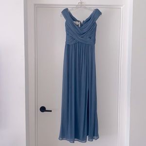Formal steel blue long, off shoulder dress. Perfection condition. Size 4.